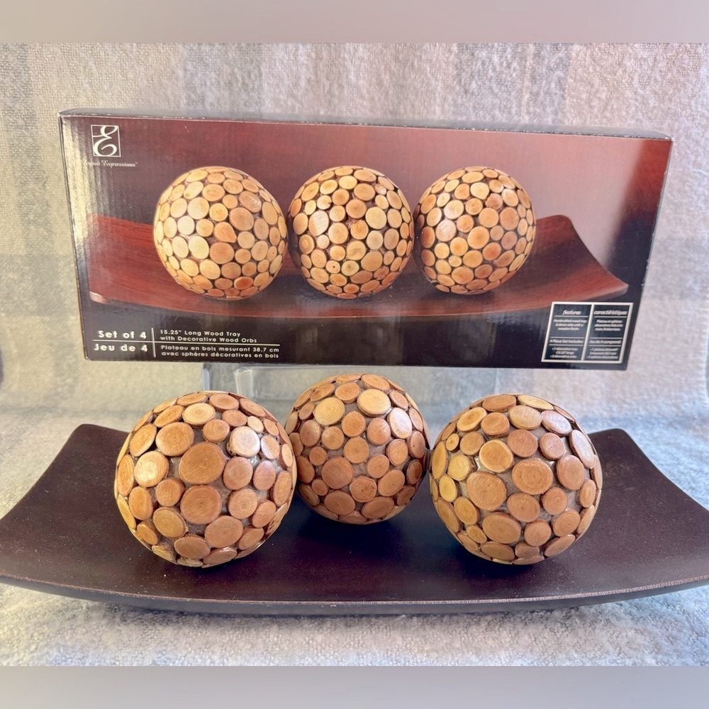 Wooden Decorative Balls With Wood Tray Set of 3